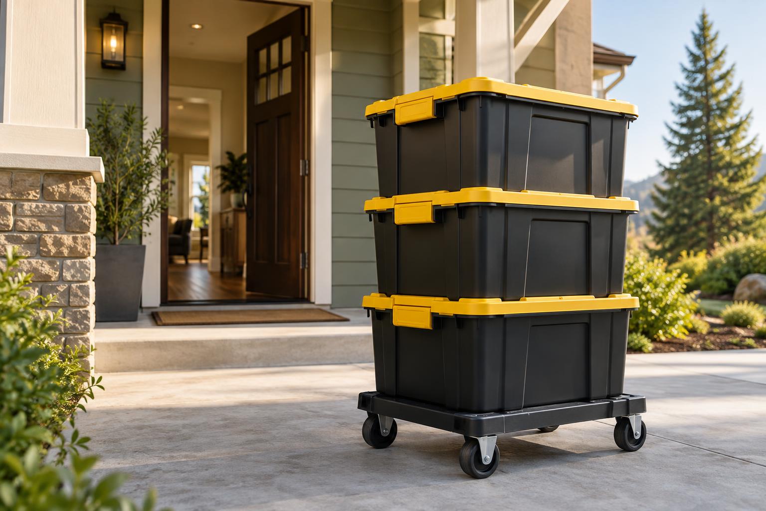 Stack of black and yellow heavy-duty plastic moving totes on a dolly at a front door